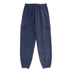 Back view of men's navy blue loose cargo pants with elastic cuffs and side pockets