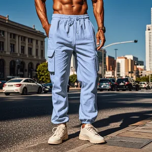 Men's casual light blue cargo jogger pants with multi-pockets and drawstring waist.