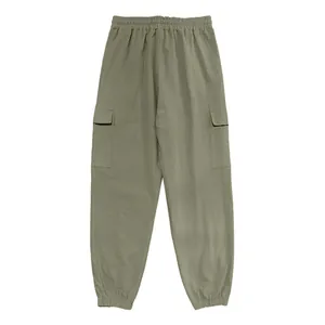 Detail view of men's olive green cotton linen cargo jogger pants with side pockets.