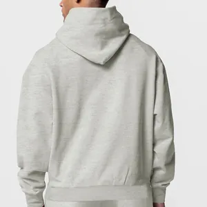 Detailed back view of a premium light grey men's comfortable long-sleeve hoodie.