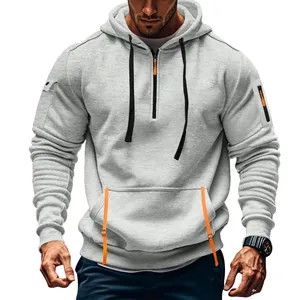 Men's casual grey quarter-zip hoodie with tactical arm pockets and hood