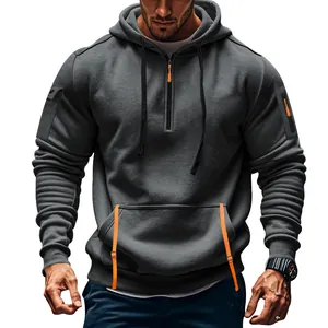 Professional men's dark gray tactical hoodie with orange accents and arm zipper pocket