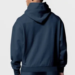 Back view of a warm navy blue fleece hoodie for men in a plain minimalist design.