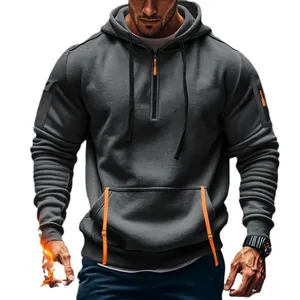 Men's casual fleece hoodie with arm pockets and half-zip design in dark grey