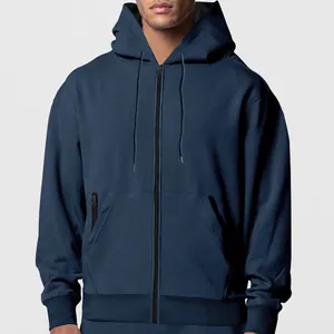 Premium men's navy blue zip-up hooded sweatshirt with warm fleece lining for casual wear