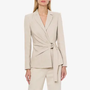 Elegant beige wrap blazer for women with a sophisticated metallic ring buckle detail