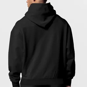 Macro view of black hooded sweatshirt showing professional back fit and fabric texture