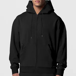 Casual black men's zip-up fleece hoodie with adjustable drawstring