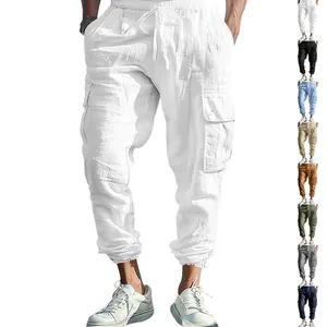 Macro view of lightweight white cotton linen cargo pants with multi-color variant options
