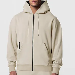 Men's solid sand beige zip-up hoodie with warm fleece lining and loose casual sportswear fit