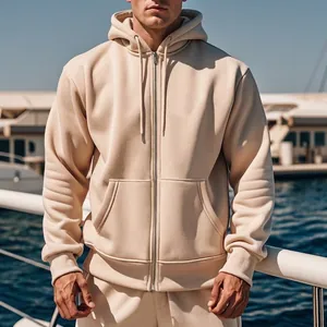 Men Fleece Lined Zip Up Hoodie Polyester Solid Color Long Sleeve Sweatshirt Loose Fit Hooded Jacket For Autumn Winter