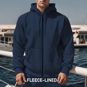 Premium men's navy blue fleece-lined zip-up hoodie for winter warmth and outdoor sports