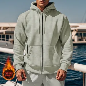 Men's premium light grey zip-up hooded fleece sweatshirt with warm thermal lining