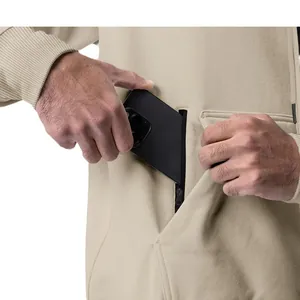 Men's beige fleece hoodie with a functional side zipper pocket for smartphone storage.