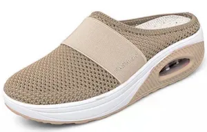 Close-up view of breathable mesh air cushion mules for women in beige
