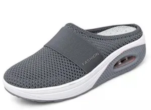Grey breathable mesh mules with air cushion thick sole for women's casual summer wear