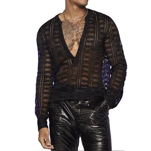 Heren zwart mesh doorschijnend shirt met lange mouwen en een stijlvolle V-halslijn