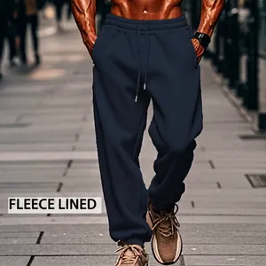 Men's navy blue fleece lined joggers with drawstring for outdoor casual sports training