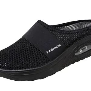 Breathable black mesh platform mules for women with air cushion and FASHION logo
