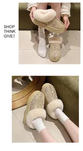 Glitzernde goldene Plateau-Schneestiefel mit Plüschpelzbesatz und dicker Sohle
