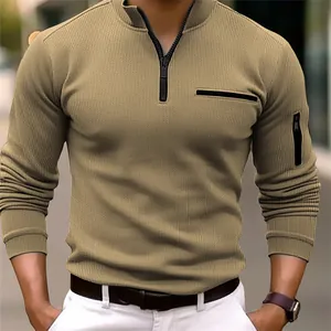 Polo a maniche lunghe da uomo kaki con cerniera e colletto alla coreana, elegante