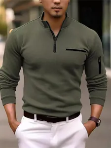 Polo da uomo casual a maniche lunghe verde oliva con mezza zip e trama a costine