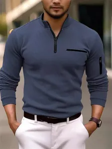 Polo da uomo a maniche lunghe grigio-blu con colletto a lupetto e mezza zip