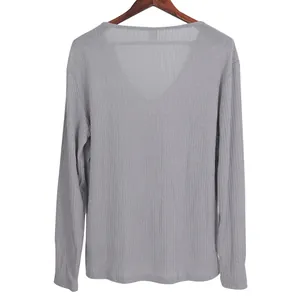 Detailed back view of a gray long-sleeved ribbed knit V-neck T-shirt for men with a soft texture