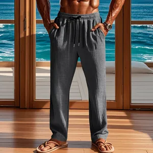 Pantalones casuales de hombre, corte recto, rayas verticales y cordón ajustable