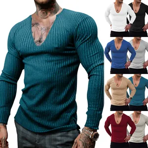 Men Slim Fit Knit T-Shirt Deep V-Neck Ribbed Long Sleeve Top Cotton Blend Solid Color Fashion Pullover Fall Casual Clothing