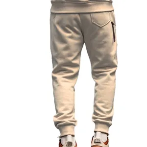 Back view of minimalist men's casual beige fleece sweatpants for autumn outdoor sports