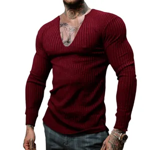 Men's slim fit burgundy ribbed V-neck long sleeve knit T-shirt for casual wear