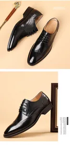 Gedetailleerde weergave van zwarte lederen brogue oxfords met klassieke wingtip-perforaties