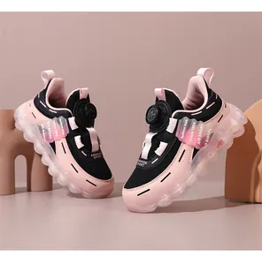 Pink and black girls' sports sneakers with breathable mesh and rotating buckle closure