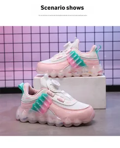 Scenario view of pink girl's sports shoes with breathable mesh and rotary buckle
