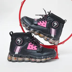 Meisjes High Top Ademend Mesh Sneakers Zwart Roze Mode Casual Sportschoenen Met Schokabsorberende Zool Voor Kinderen
