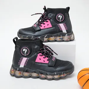 Trendy zwart-roze hoge meisjessneakers met ademend mesh en comfortabele bubbel demping