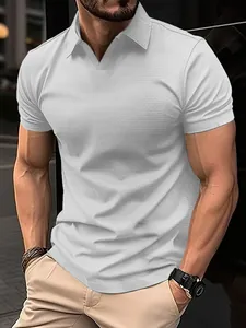 Close-up of men's athletic grey polo shirt with honeycomb texture and slim fit