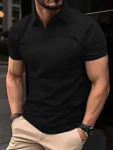 Detailed view of a men's black slim-fit polo shirt showing high-quality mesh texture