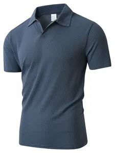 Close-up detail of men's textured polo shirt with waffle knit pattern and V-neckline