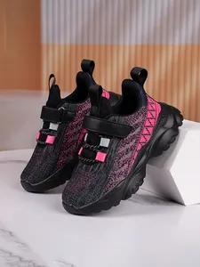 Detailed side view of breathable pink and black mesh sneakers for kids with Velcro strap