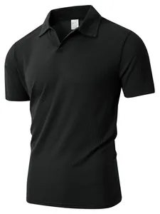 Classic mens black textured stretch polo shirt featuring a breathable waffle knit fabric