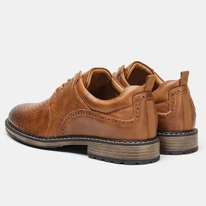 Detailed view of brown men's brogue shoes with scale texture and heel pull tab