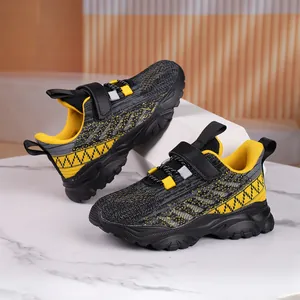 Breathable black and yellow mesh sneakers for kids aged 6-12 with wear-resistant soles