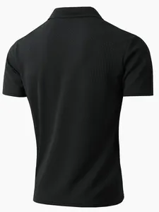 Detailed back view of a black men's short-sleeve polo shirt with unique waffle texture