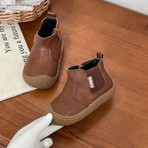 Toddler brown leather Martin boots with side zipper and durable soft rubber sole for kids