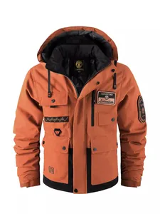 Wasserdichte verdickte Herren-Winterjacke mit Kapuze in Rostorange und Multi-Taschen-Design