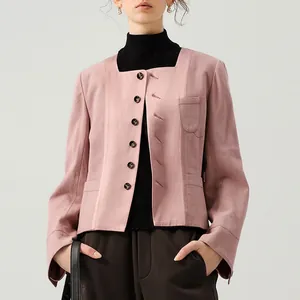 Elegant pink short jacket for women featuring decorative dark brown horn-style buttons