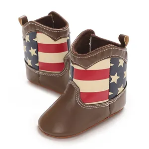 Retro babylaarzen met Amerikaanse vlag print van zacht PU-leer voor baby's van 0-1 jaar oud