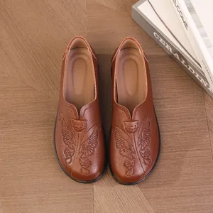 Comfortable brown leather flat shoes for elderly women with butterfly embroidery
